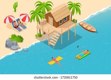 Concepto de vacaciones de verano isométricas. Hora de verano. Bungalow de lujo sobre el agua con techo de paja en un complejo vacacional de luna de miel en la clara laguna azul con vistas a la isla tropical. Vacaciones tropicales