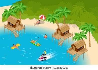 Isometric Summer Vacation concept. Summer time. Luxury overwater thatched roof bungalow in a honeymoon vacation resort in the clear blue lagoon with a view on the tropical island. Tropical vacations