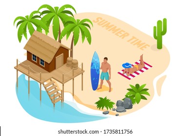 Concepto de vacaciones de verano isométricas. Hora de verano. Bungalow de lujo sobre el agua con techo de paja en un complejo vacacional de luna de miel en la clara laguna azul con vistas a la isla tropical. Vacaciones tropicales
