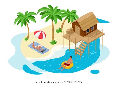 Isometric Summer Vacation concept. Summer time. Luxury overwater thatched roof bungalow in a honeymoon vacation resort in the clear blue lagoon with a view on the tropical island. Tropical vacations