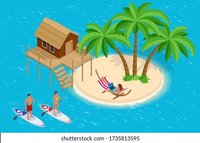 Isometric Summer Vacation concept. Summer time. Luxury overwater thatched roof bungalow in a honeymoon vacation resort in the clear blue lagoon with a view on the tropical island. Tropical vacations