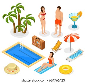 Isometric summer vacation elements set with tourists palm trees cocktail bag pool hat umbrella lifebuoy recliners isolated vector illustration 