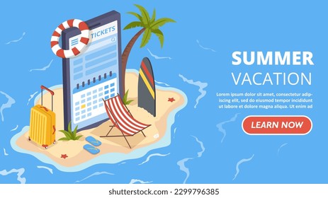 Isometric summer vacation. Sand with sun lounger and surfboard. Smartphone with calendar, mobile application for hotel booking. Travel and holiday. Landing page design. Cartoon vector illustration