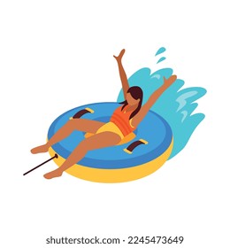Isometric summer water active recreation icon with female character 3d vector illustration
