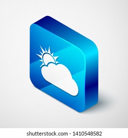 Isometric Sun and cloud weather icon isolated on white background. Blue square button. Vector Illustration