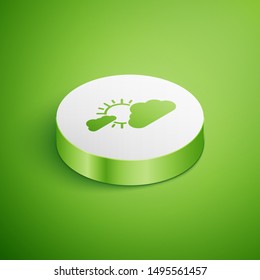 Isometric Sun and cloud weather icon isolated on green background. White circle button. Vector Illustration
