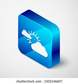 Isometric Sun and cloud weather icon isolated on white background. Blue square button. Vector Illustration