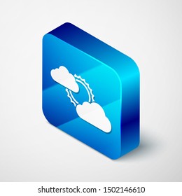 Isometric Sun and cloud weather icon isolated on white background. Blue square button. Vector Illustration