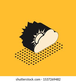 Isometric Sun and cloud weather icon isolated on yellow background.  Vector Illustration
