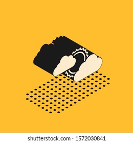 Isometric Sun and cloud weather icon isolated on yellow background.  Vector Illustration