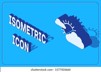 Isometric Sun and cloud weather icon isolated on blue background.  Vector Illustration