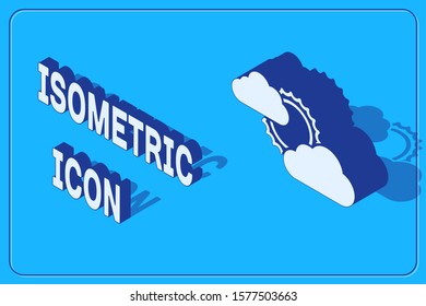 Isometric Sun and cloud weather icon isolated on blue background.  Vector Illustration
