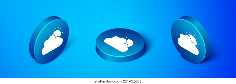 Isometric Sun and cloud weather icon isolated on blue background. Blue circle button. Vector