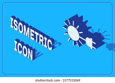 Isometric Sun with electric plug icon isolated on blue background. Energy saving concept.  Vector Illustration