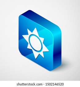 Isometric Sun icon isolated on white background. Blue square button. Vector Illustration
