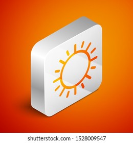 Isometric Sun icon isolated on orange background. Silver square button. Vector Illustration