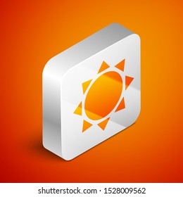 Isometric Sun icon isolated on orange background. Silver square button. Vector Illustration