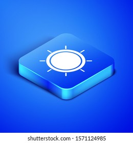 Isometric Sun icon isolated on blue background. Blue square button. Vector Illustration