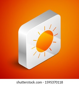 Isometric Sun icon isolated on orange background. Silver square button. Vector Illustration