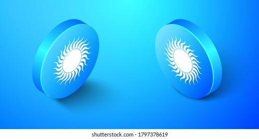 Isometric Sun icon isolated on blue background. Blue circle button. Vector.