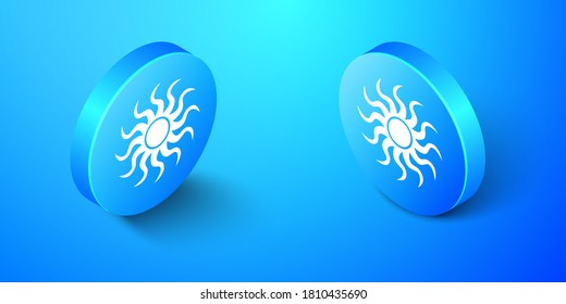 Isometric Sun icon isolated on blue background. Blue circle button. Vector.