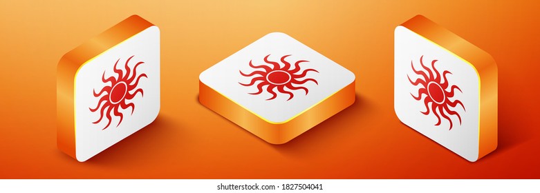 Isometric Sun icon isolated on orange background. Orange square button. Vector.