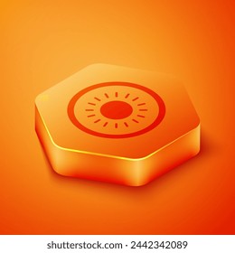 Isometric Sun icon isolated on orange background. Summer symbol. Good sunny day. Orange hexagon button. Vector