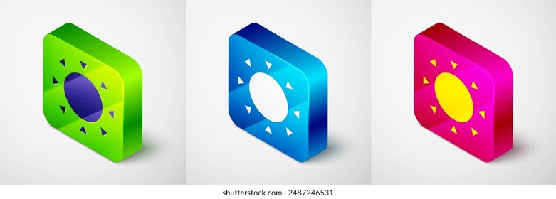 Isometric Sun icon isolated on grey background. Summer symbol. Good sunny day. Square button. Vector