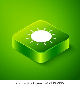 Isometrisches Sonnensymbol einzeln auf grünem Hintergrund. Grüner Knopf. Vektorgrafik