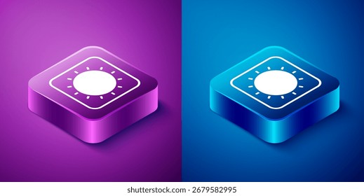 Isometric Sun icon isolated on blue and purple background. Square button. Vector