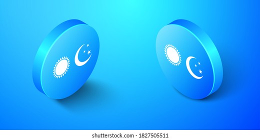 Isometric Sun and moon icon aislado en fondo azul. Tiempo de día y de noche. Botón de círculo azul. Vector.