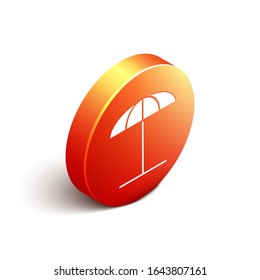 Paraguas protector isométrico Sun para el icono de la playa aislado sobre fondo blanco. Una gran sombrilla para el espacio exterior. Paraguas de playa. Botón de círculo naranja.  Ilustración vectorial