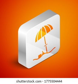 Isometric Sun protective umbrella for beach icon isolated on orange background. Large parasol for outdoor space. Beach umbrella. Silver square button. Vector Illustration