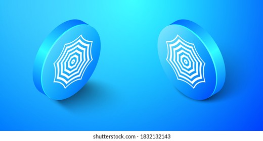 Isometric Sun protective umbrella fo beach icon isolated on blue background. Large parasol for outdoor space. Summer vacation or picnic accessory. Blue circle button. Vector.