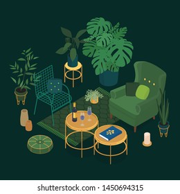 Isometric sun room in emerald green. Vector illustration in flat design.