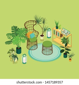 Isometric sun room in green. Vector illustration in flat design.