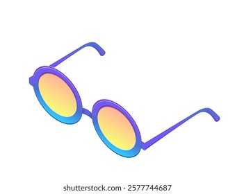 Isometric sunglasses with a retro gradient of purple, pink, and yellow on the lenses. Vector illustration isolated on white background