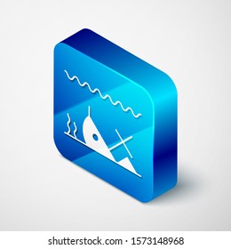 Isometric Sunken ship at the bottom of the sea icon isolated on white background. Blue square button. Vector Illustration