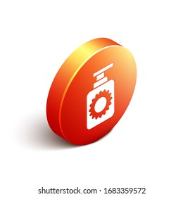 Isométrico icono del frasco de spray de pantalla solar aislado en fondo blanco. Protección de la piel contra la luz solar ultravioleta. Botón de círculo naranja. Ilustración vectorial