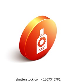 Isometric Sunscreen spray bottle icon isolated on white background. Protection for the skin from solar ultraviolet light. Orange circle button. Vector Illustration