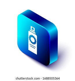 Isometric Sunscreen spray bottle icon isolated on white background. Protection for the skin from solar ultraviolet light. Blue square button. Vector Illustration