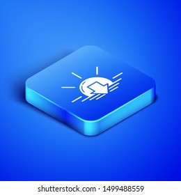 Isometric Sunset icon isolated on blue background. Blue square button. Vector Illustration