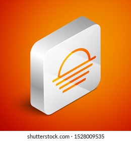 Isometric Sunset icon isolated on orange background. Silver square button. Vector Illustration