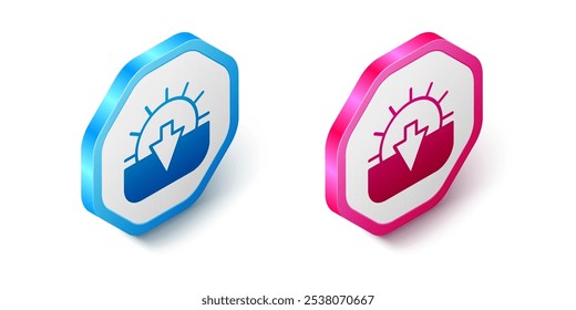 Isometric Sunset icon isolated on white background. Hexagon button. Vector