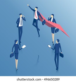 isometric super businessman takes off close to the ordinary employees, Business superhero vector illustration