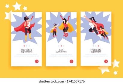 Isometric super mom vertical banners set with mother and child characters in superhero costumes and text vector illustration