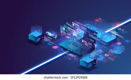 Isometrischer Supercomputer Serverraum. Große Datenverarbeitung.  Ein Quantencomputer ist ein Gerät, das Quantenrechner ausführt. Große Berechnungen auf einem Supercomputer, ein Laptop mit zusätzlichen Stationen.