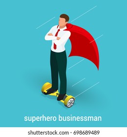 Isometric Superhero concept. Handsome Businessman in a suit superhero riding to work on Self balancing electric scooter. Vector illustration in flat style.