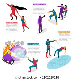 Isometric superhero infographics set of image compositions with human characters and editable text captions with description vector illustration