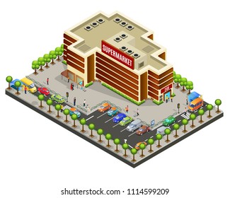 Isometric supermarket area concept with modern building customers automobiles parking crosswalks benches and trees isolated vector illustration